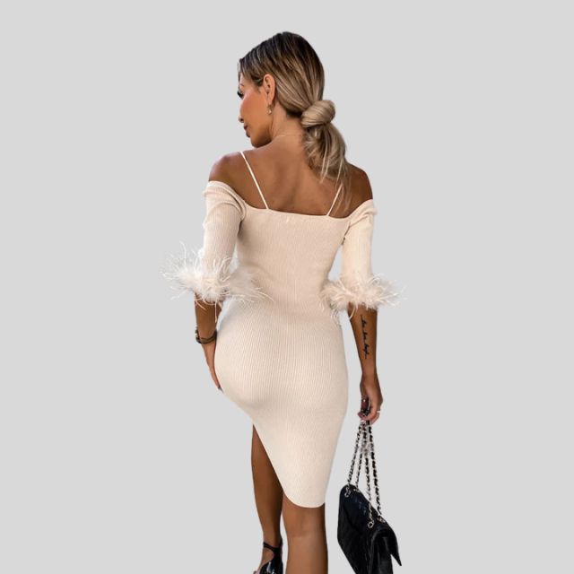 Off-the-shoulder ribbed dress with feather trim