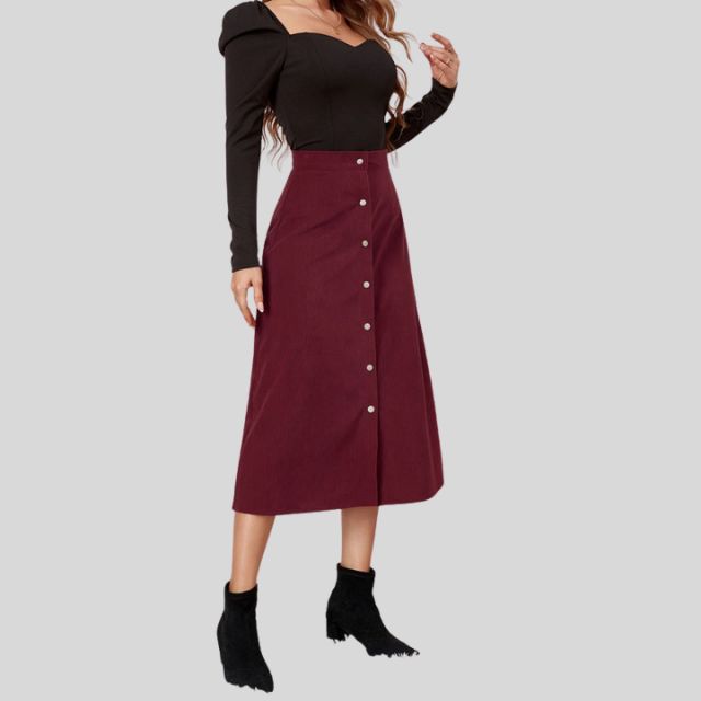 Ribbed A-line midi skirt with button placket