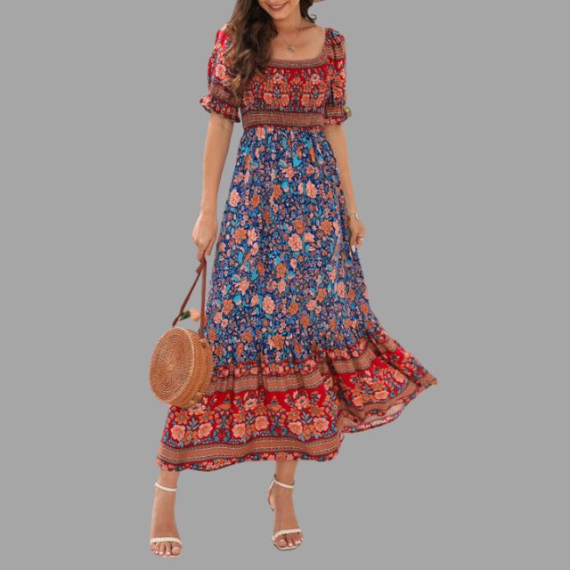 Boho maxi dress with floral pattern and off-the-shoulder cut