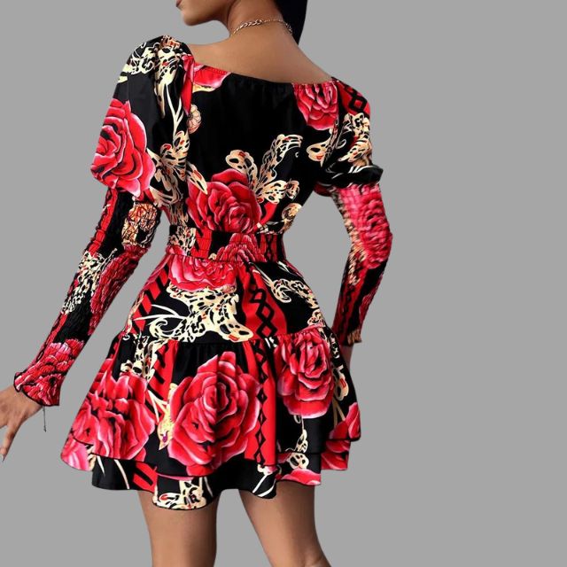 Floral dress with V-neck and puff sleeves