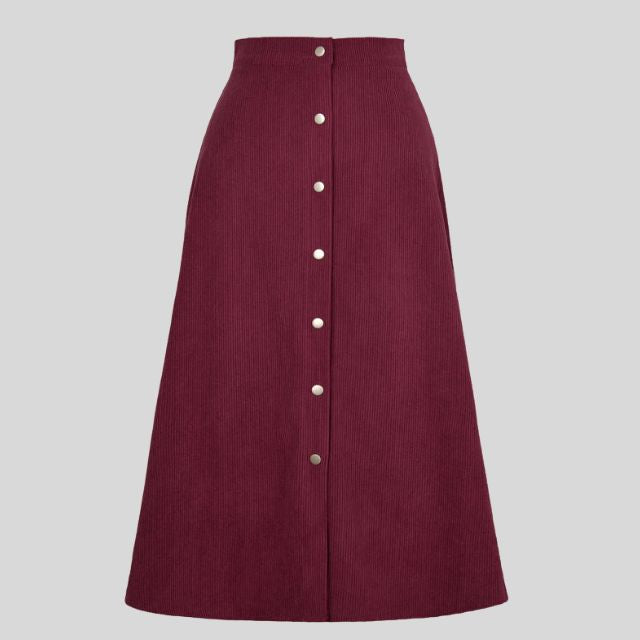 Ribbed A-line midi skirt with button placket