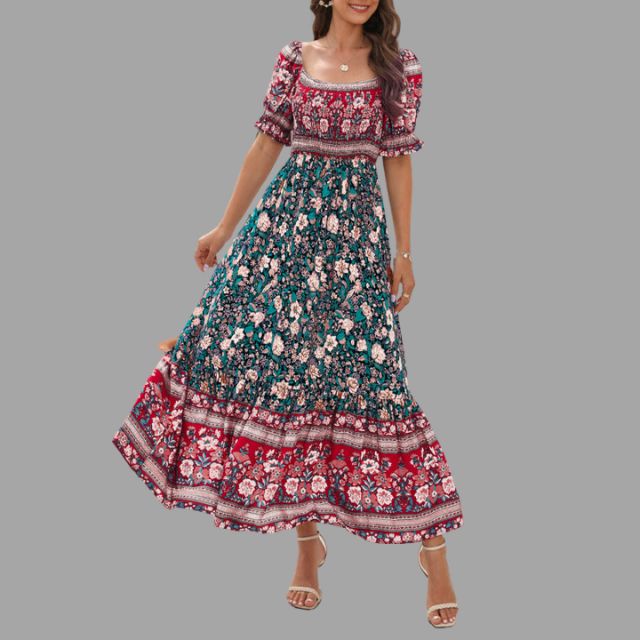 Boho maxi dress with floral pattern and off-the-shoulder cut