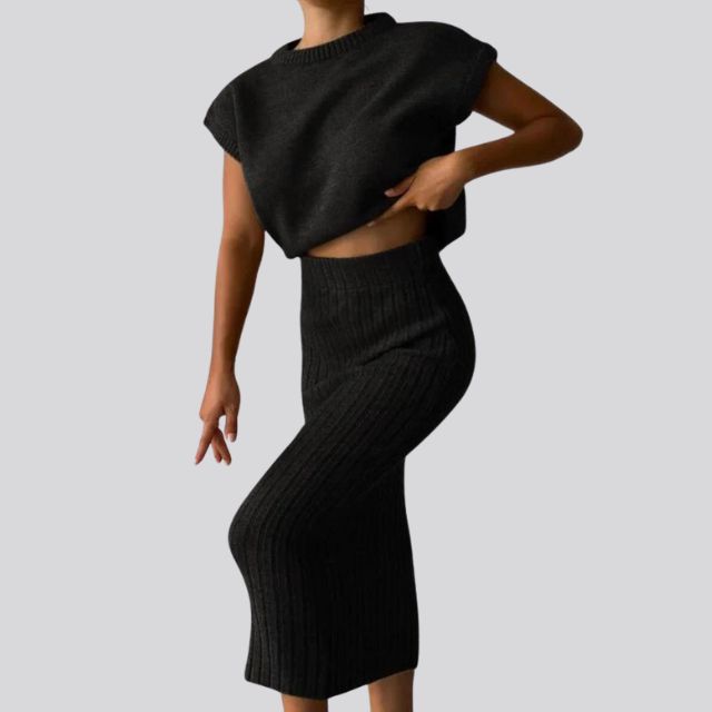 Sleeveless Knitted Top and Matching Ribbed Midi Skirt Set