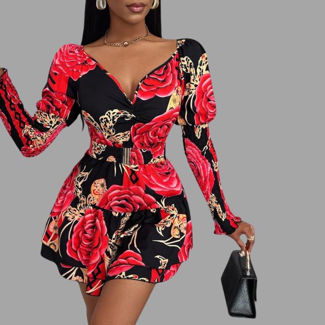 Floral dress with V-neck and puff sleeves