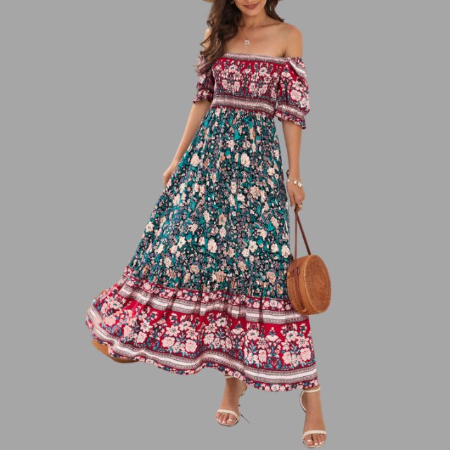 Boho maxi dress with floral pattern and off-the-shoulder cut