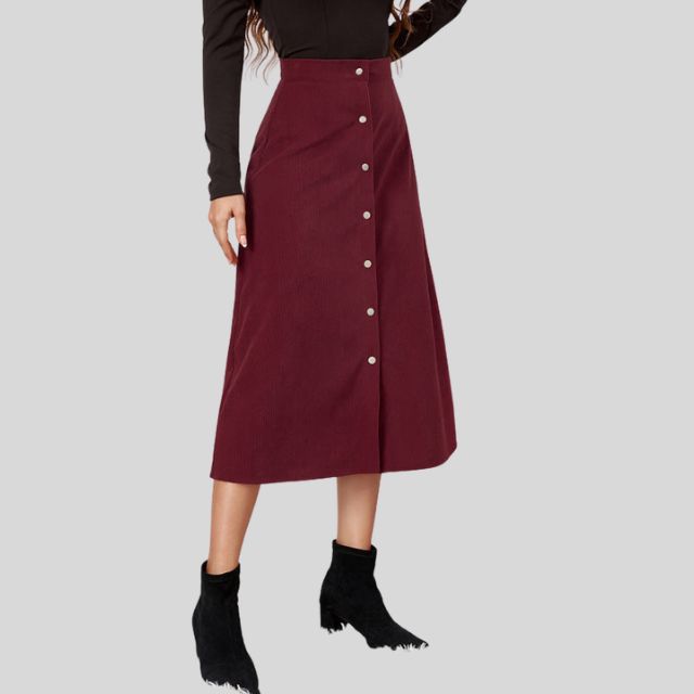 Ribbed A-line midi skirt with button placket