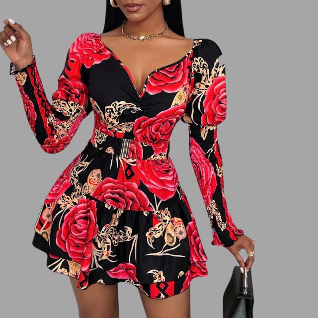 Floral dress with V-neck and puff sleeves