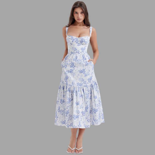 Midi dress with floral print and square neckline