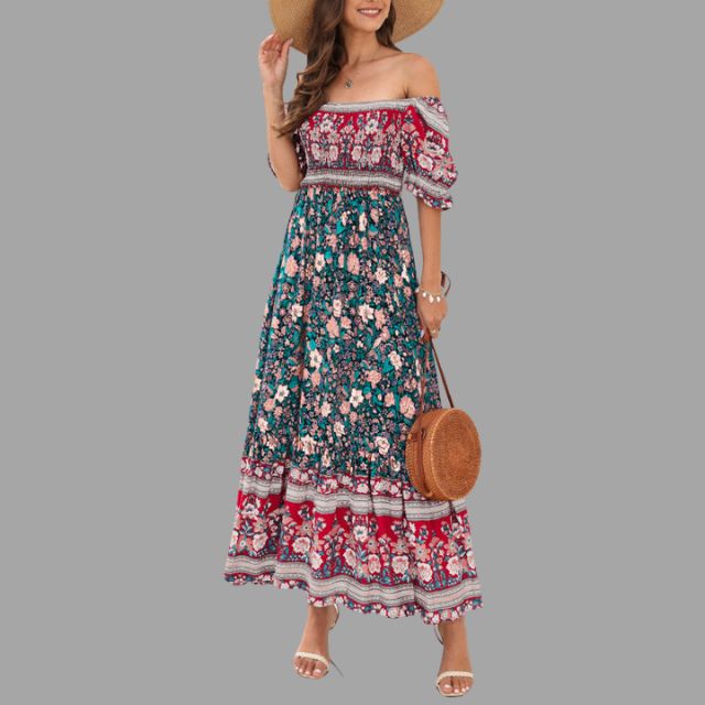 Boho maxi dress with floral pattern and off-the-shoulder cut