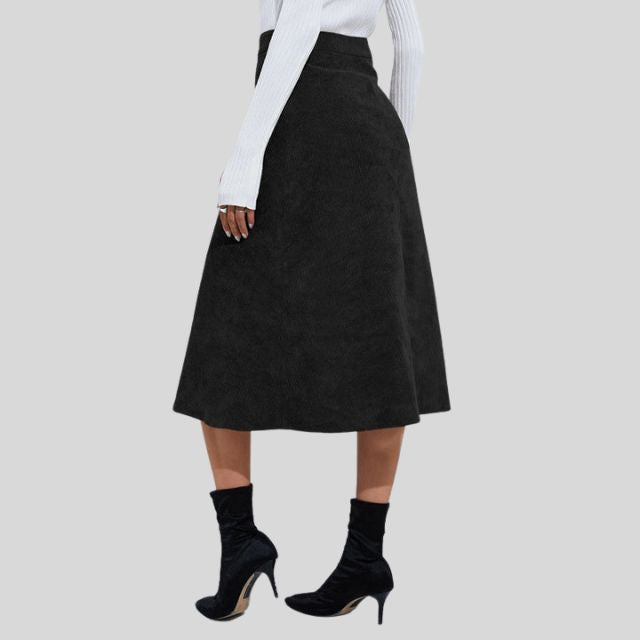 Ribbed A-line midi skirt with button placket