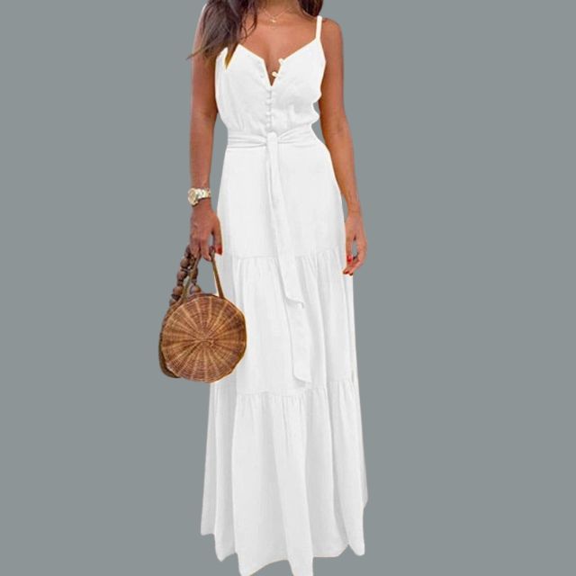 Buttoned maxi dress with V-neck and belt