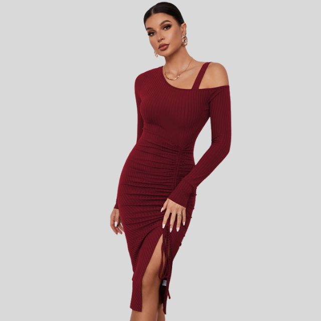 Ribbed knit dress with asymmetric shoulder