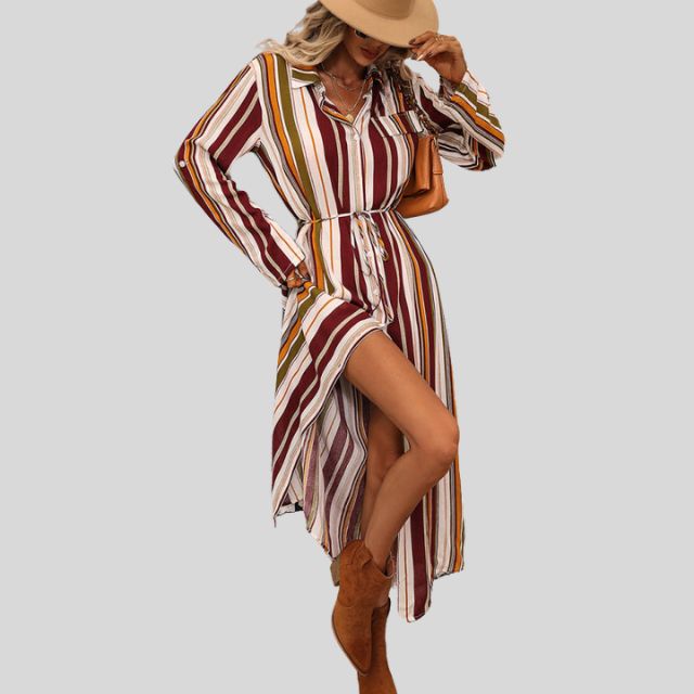 Striped shirt dress with belt and high slit