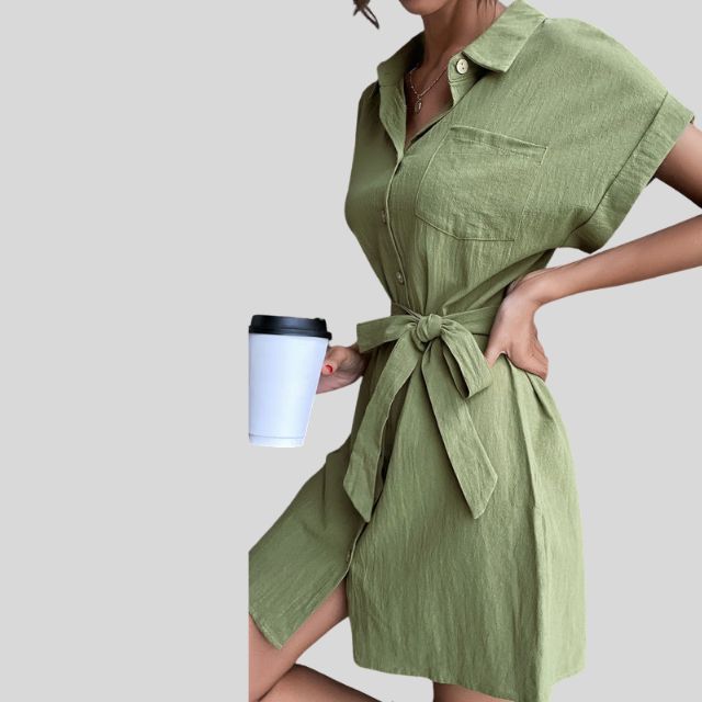 Shirt dress with button placket and waistband