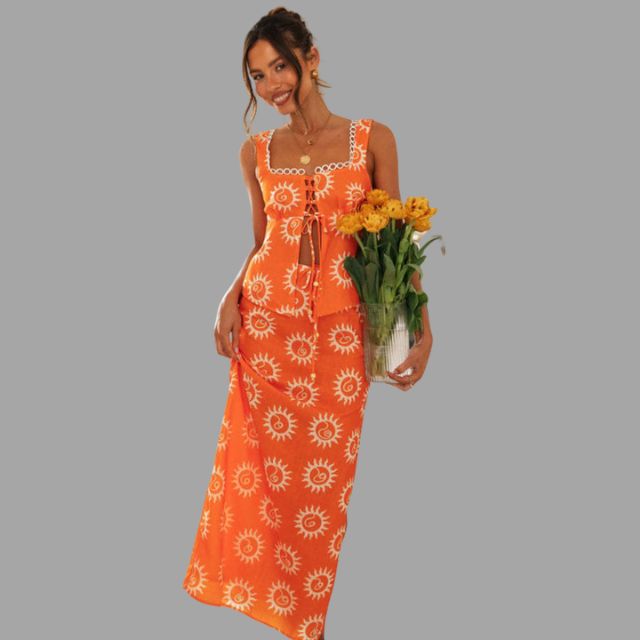 Boho chic maxi dress and top set with sunray print