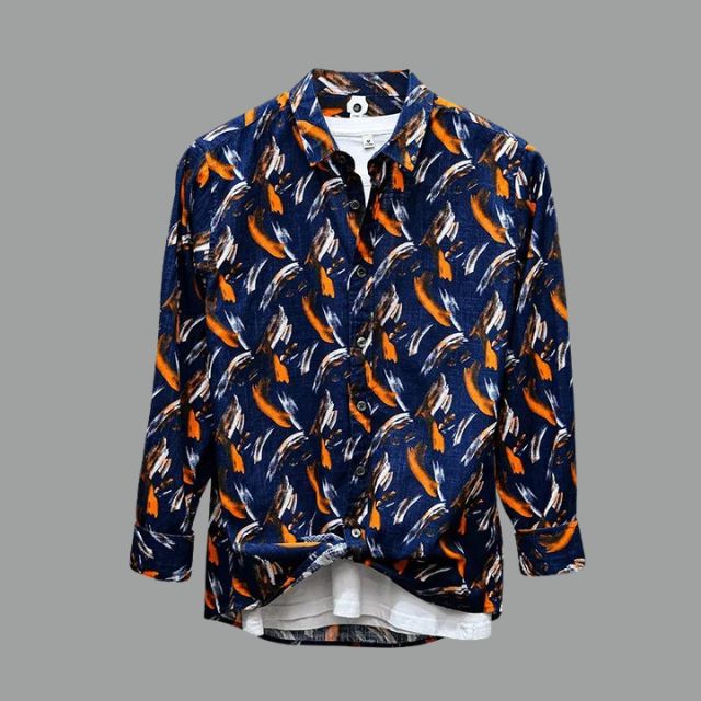 Shirt with turn-down collar and striking feather print