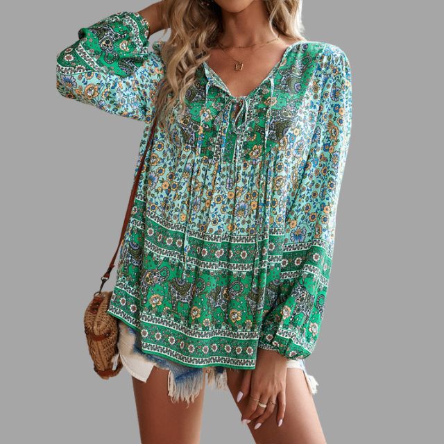 Bohemian paisley pattern tunic with lacing at the neckline