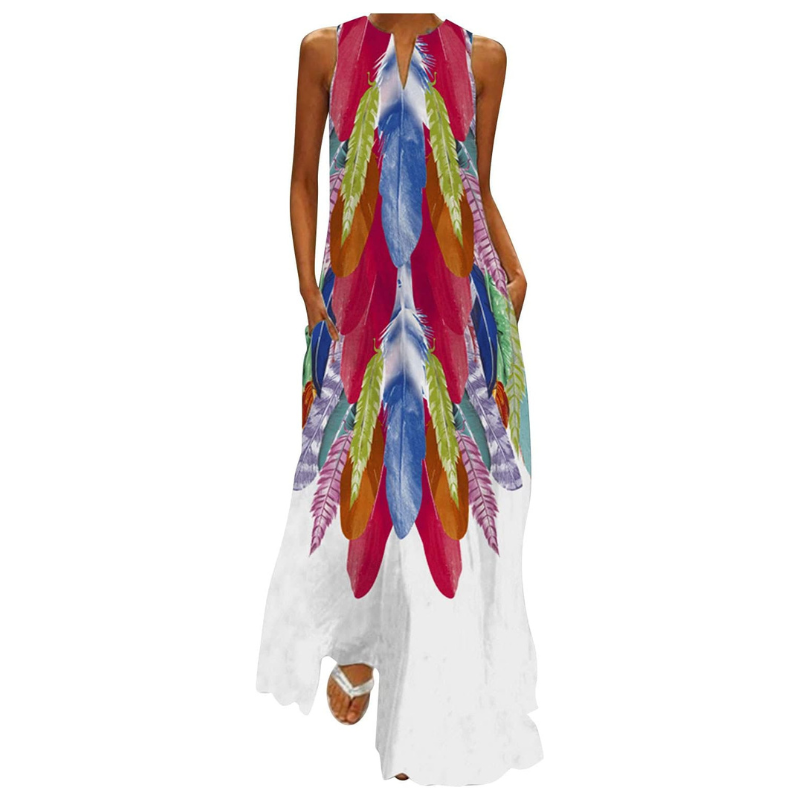 Maxi dress with feather pattern