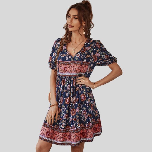 Boho-chic floral dress with high waist