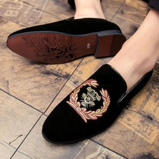 Velvet loafers with embroidered coat of arms