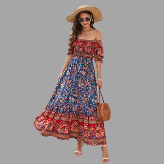 Boho maxi dress with floral pattern and off-the-shoulder cut