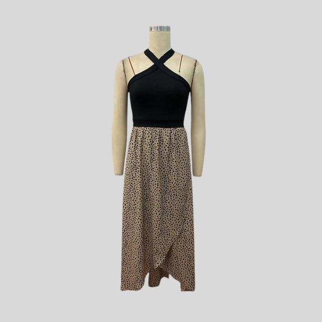 High-low dress with crossover halterneck