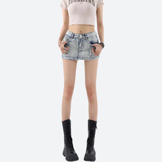 Distressed denim mini skirt with belt detail