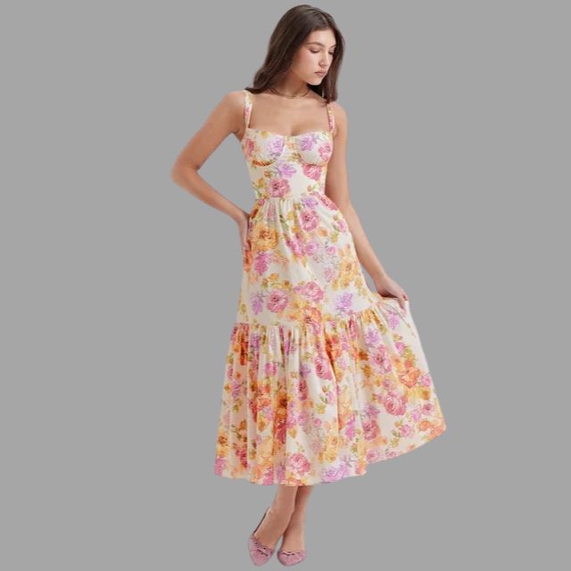 Midi dress with floral print and square neckline