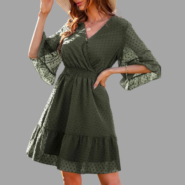 Dotted dress with gathered waist and bell sleeves