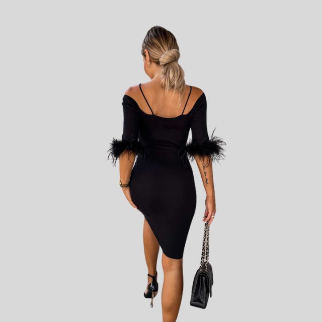 Off-the-shoulder ribbed dress with feather trim