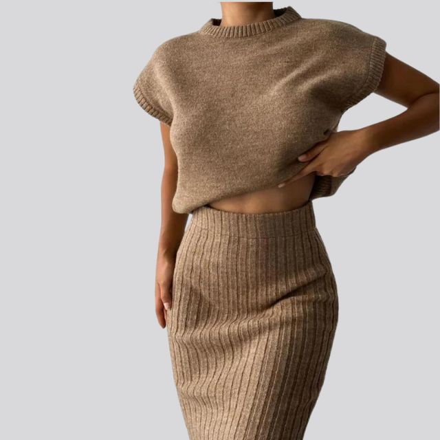 Sleeveless Knitted Top and Matching Ribbed Midi Skirt Set