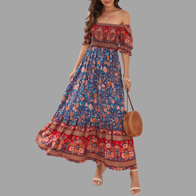 Boho maxi dress with floral pattern and off-the-shoulder cut