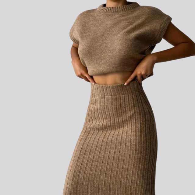 Sleeveless Knitted Top and Matching Ribbed Midi Skirt Set