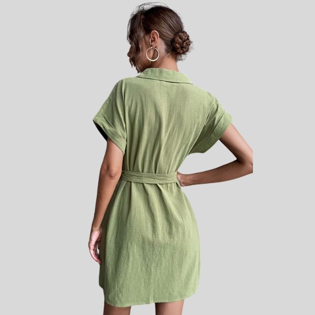 Shirt dress with button placket and waistband