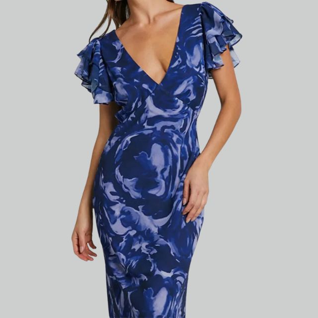 Ruched maxi dress with V-neckline