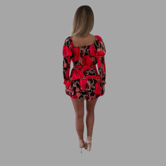 Floral dress with V-neck and puff sleeves