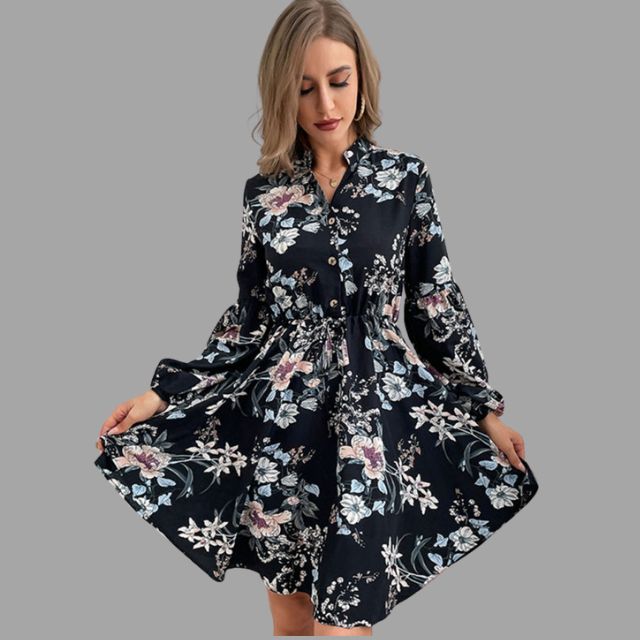 Shirt dress with floral pattern and gathered waist