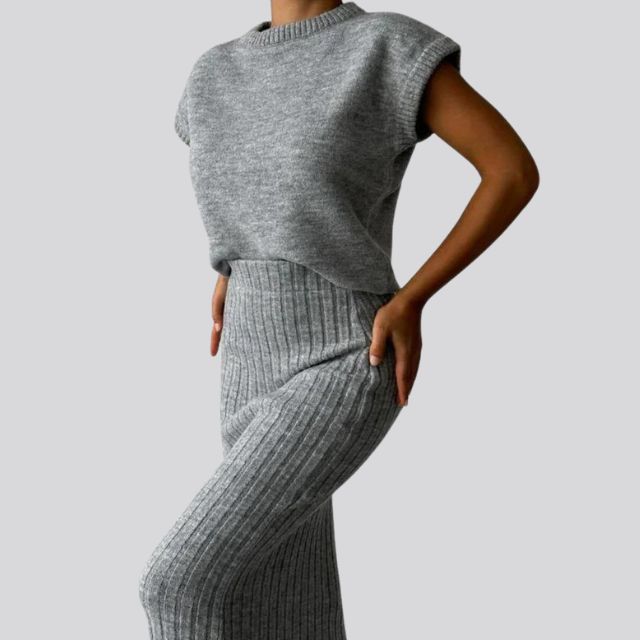 Sleeveless Knitted Top and Matching Ribbed Midi Skirt Set