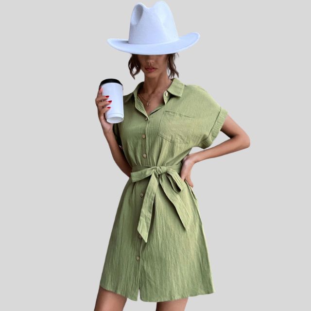 Shirt dress with button placket and waistband