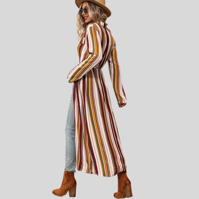 Striped shirt dress with belt and high slit