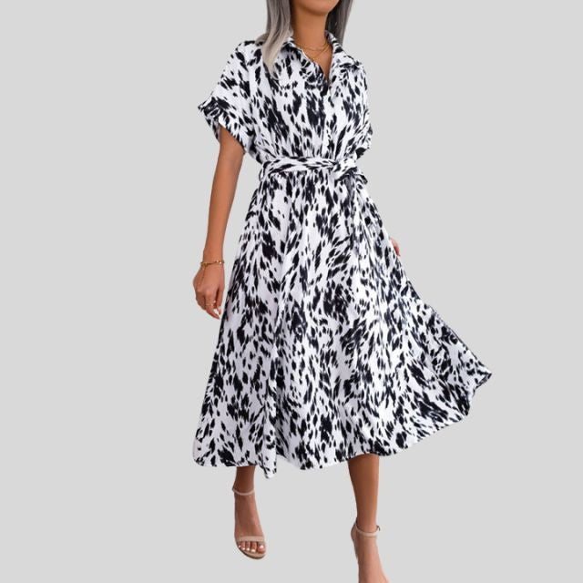 Flowing shirt dress with gathered waist