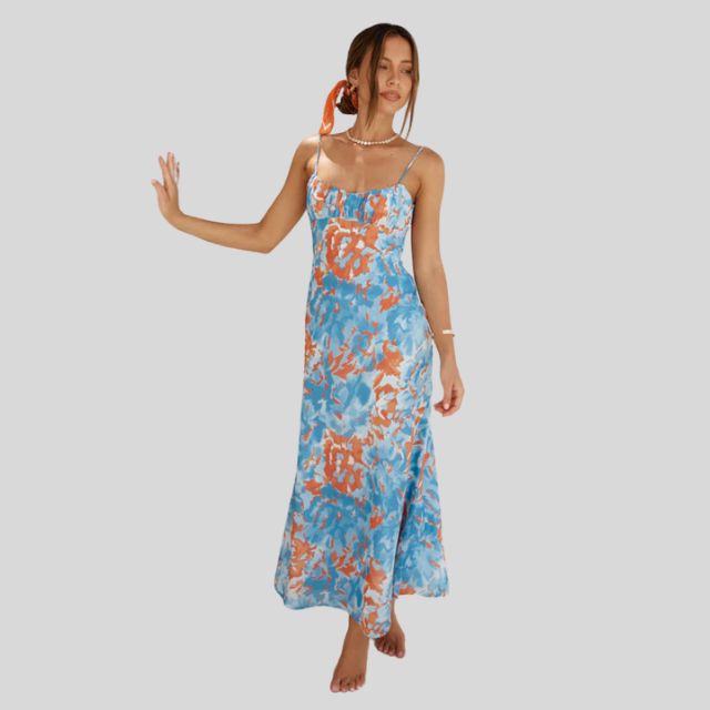 Maxi dress with floral pattern and back tie detail