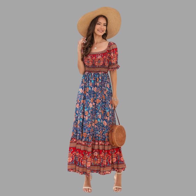 Boho maxi dress with floral pattern and off-the-shoulder cut