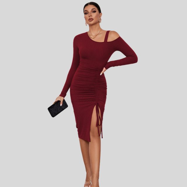 Ribbed knit dress with asymmetric shoulder