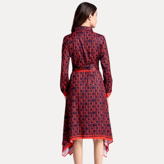 Asymmetric shirt dress with print and belt