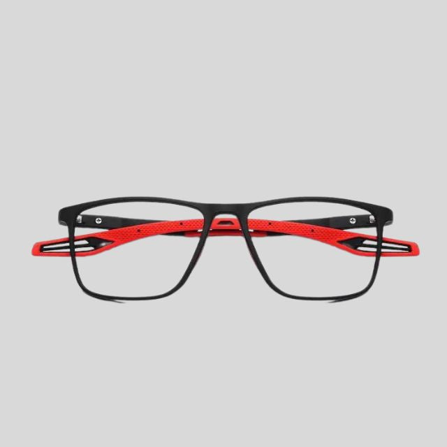 Contemporary rectangular glasses with coloured temples