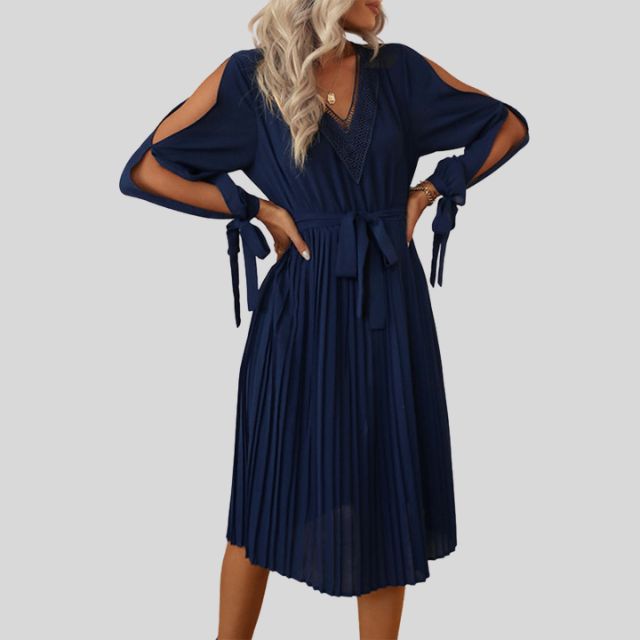 Elegant pleated midi dress with tie sleeve detail