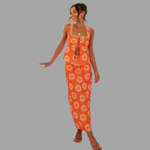 Boho chic maxi dress and top set with sunray print