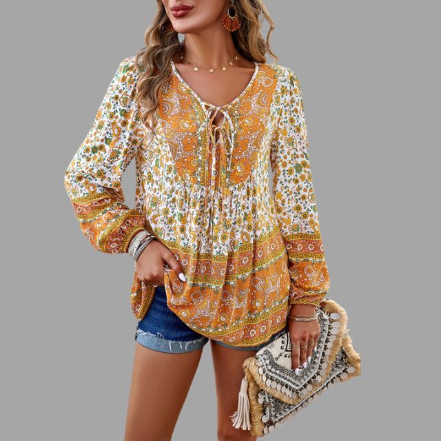 Bohemian paisley pattern tunic with lacing at the neckline