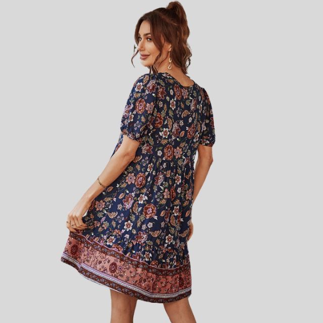 Boho-chic floral dress with high waist